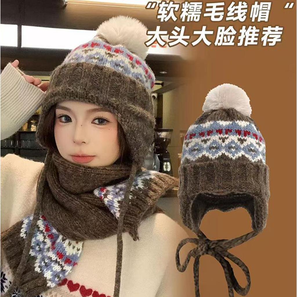 Fair Island wind knitted hat children's ear protection Lei Feng hat autumn and winter big head circumference retro jacquard warm and cold scarf