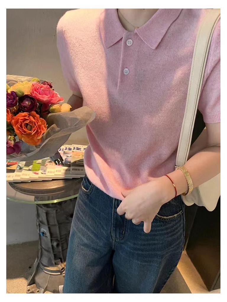 Korean Style Slimming Polo Collar Knit Shirt - Women's Casual Summer Pullover