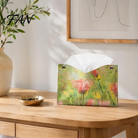 Space Saving Organizer Leather Tissue Box Cover with Oil Painting Pattern, Foldable Desktop Organizer, Napkin Holder Easy Access Case Case,