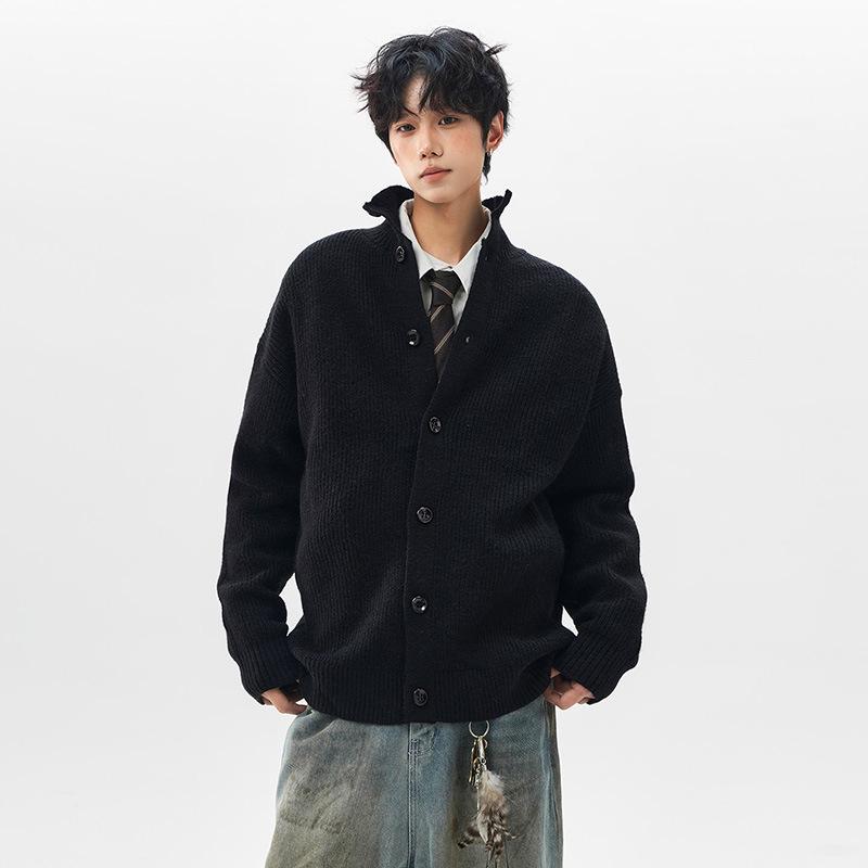Men's Japanese Retro Solid Turtleneck Cardigan Sweater - Casual Knitwear, Trendy Stand Collar Jacket for Teens