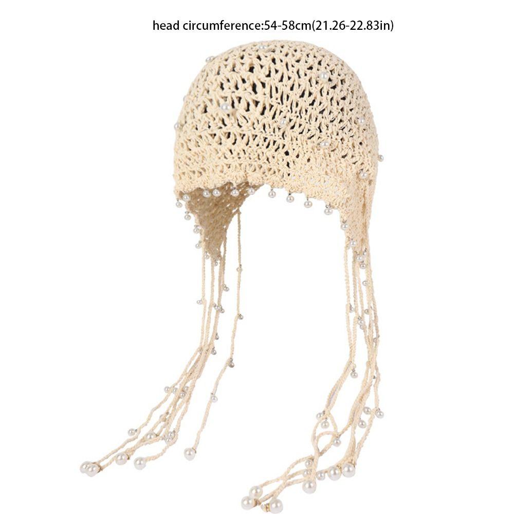 Casual Crochet Flower Hollow Pearl Tassels Knitted Hat Beanies Weave Cap Knit Cap Korean Handmade Ethnic Style Hat Outdoor