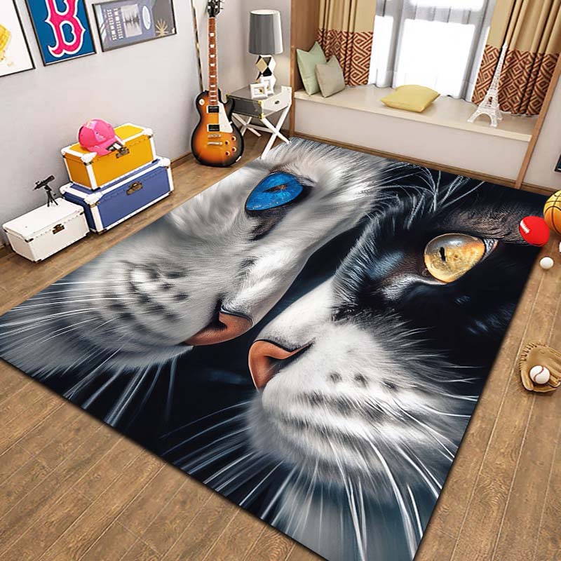 Cute Cartoon Cat Pet Animal Print Flannel Area Rug Non‑Slip Soft Floor Mat For Couch Bedroom Living Room Indoor Home Decor Gift