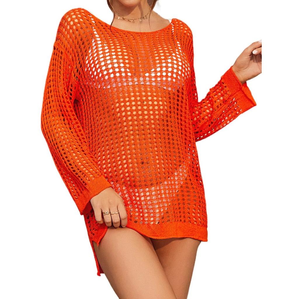 Charmleaks Cover Up Solid Cutout Bikini Hook Flower Beach Smock Skirt Woman Long Sleeve