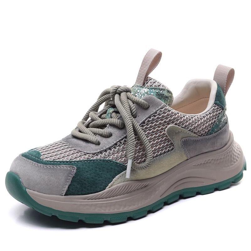 

Women s Color Block Mesh Leather Sneakers - Breathable Thick Sole Casual Shoes for Spring/Summer 35 зелёный
