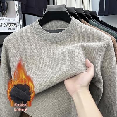 Men's Fleece Lined Knitted Pullover Sweater - Faux Mink Cashmere, Solid Color, Crew Neck, Warm Autumn/Winter Menswear