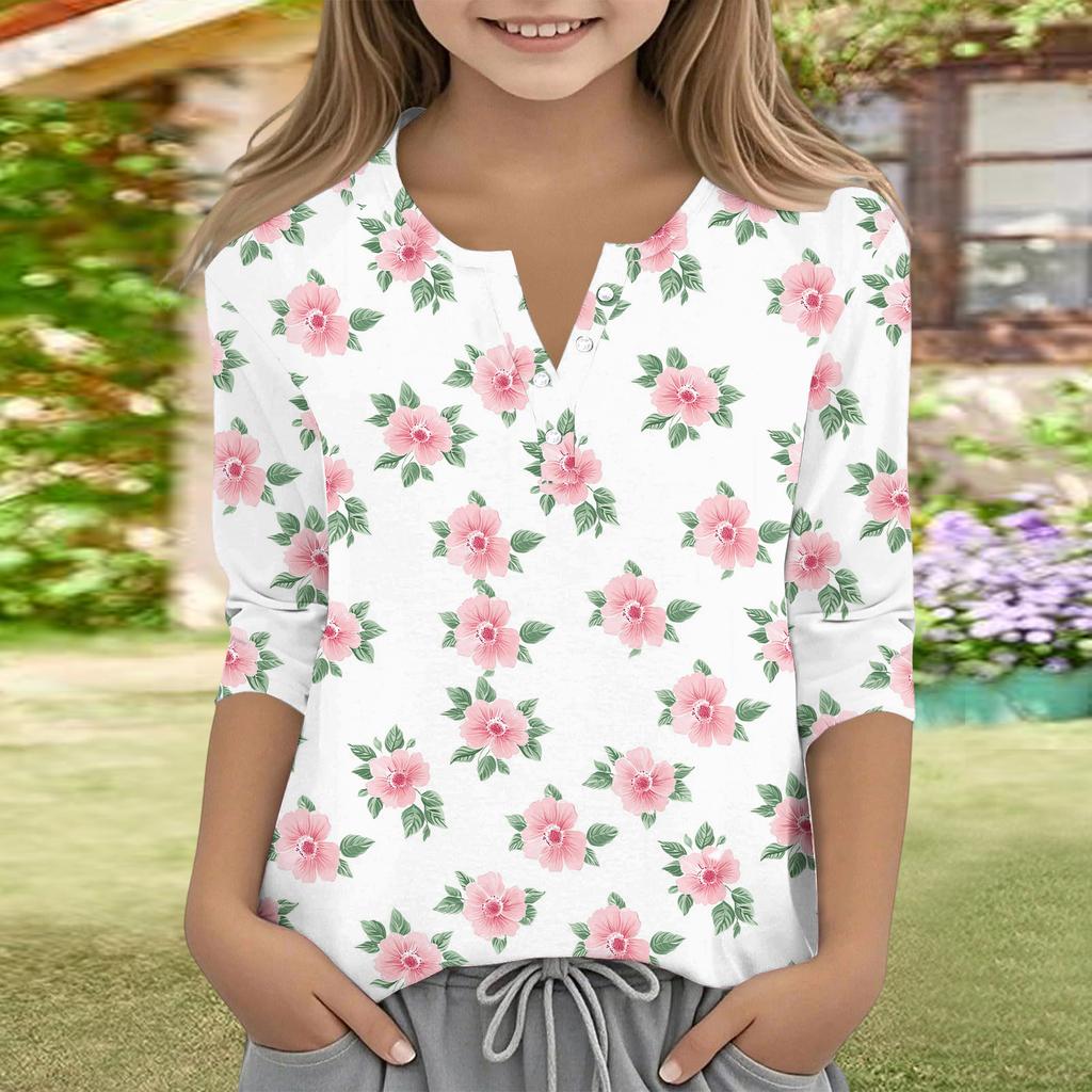 Print Tops For Youth Girls V Neck Button 3/4 Sleeves T-Shirts Trendy Tops Outfit Tees