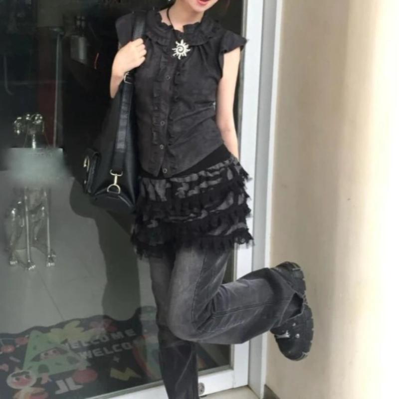 Deeptown Japanische 2000er Rüschenblusen Damen Schwarz Gothic Lolita Y2k Ärmellose Hemden Harajuku Gyaru Sommer Flatterärmel
