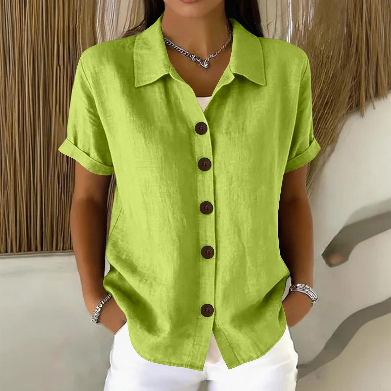 

Women s Casual Comfortable Button Cotton Linen Short Sleeve Shirt Top XL зелений