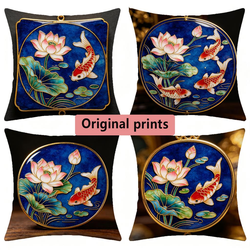 Lotus Koi Fish Enamel Style Throw Pillow Covers Pattern Cushion Cover Suitable For Sofa Bedroom Car Pillow Cover