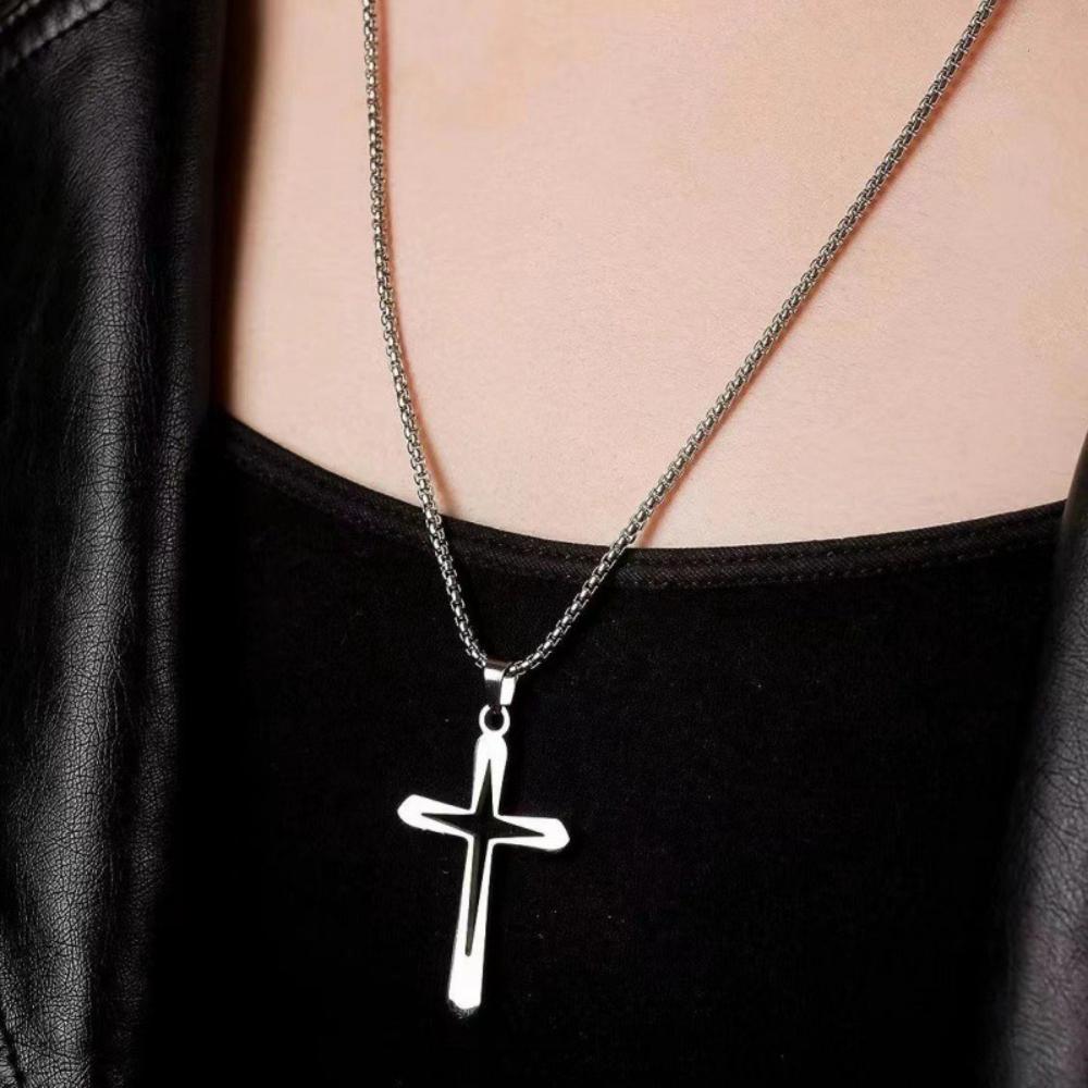 Religious Talisman Hollow Cross Pendant Necklace for Men Silver Color Hip Hop Metal Cross Necklace Christian Amulet Jewelry