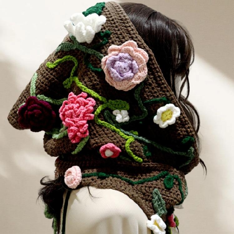Ladies Forest Style Flower Blossomed Hooded Hat Large Brimmed Warm Headgear Knitted Hat Handmade Crochet Capelet