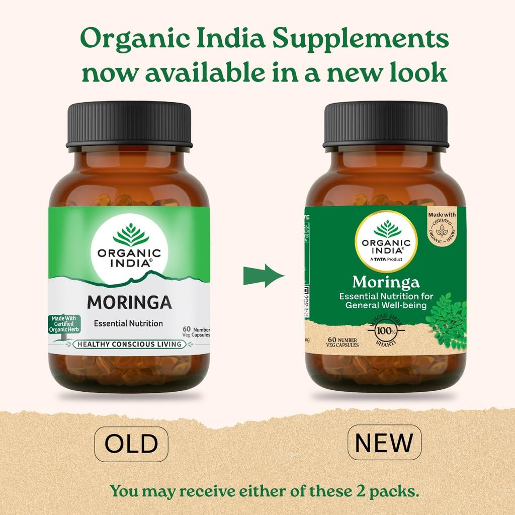 ORGANIC INDIA Moringa Capsules 60 Veg Capsules Pack of 2 with Free Sample for Energy Stamina Wellness Support