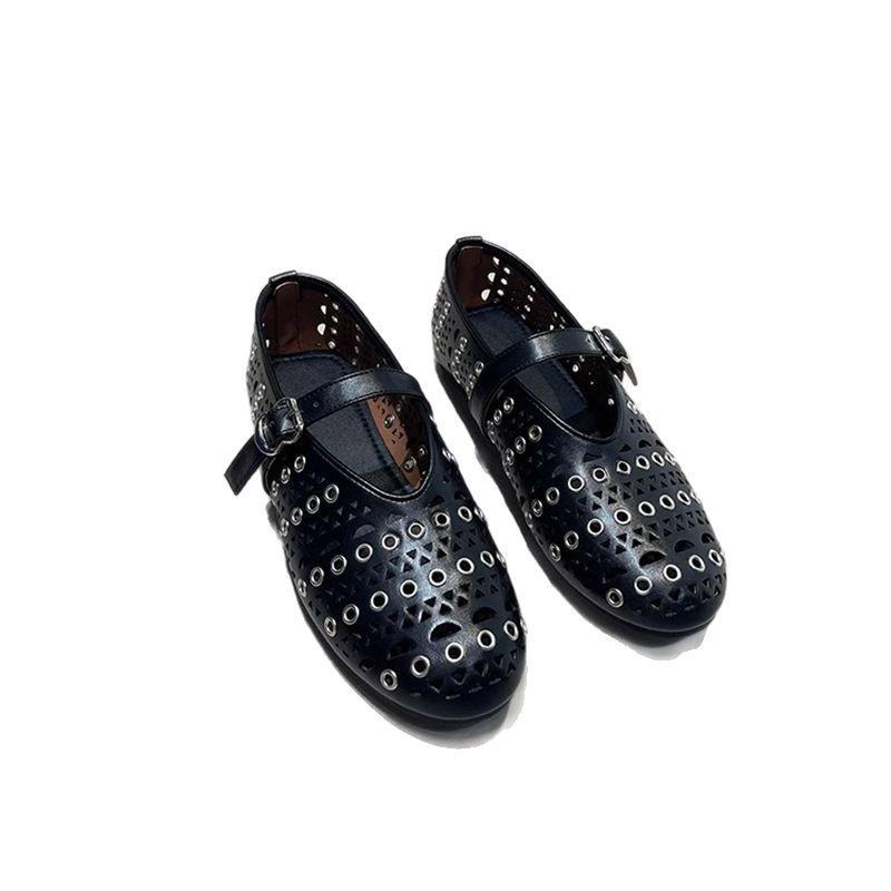Niche Design Heavy Industry Rivets Hollow One-word Flat Mary Jane Shoes Soft-soled Fragrant Ballet Shoes