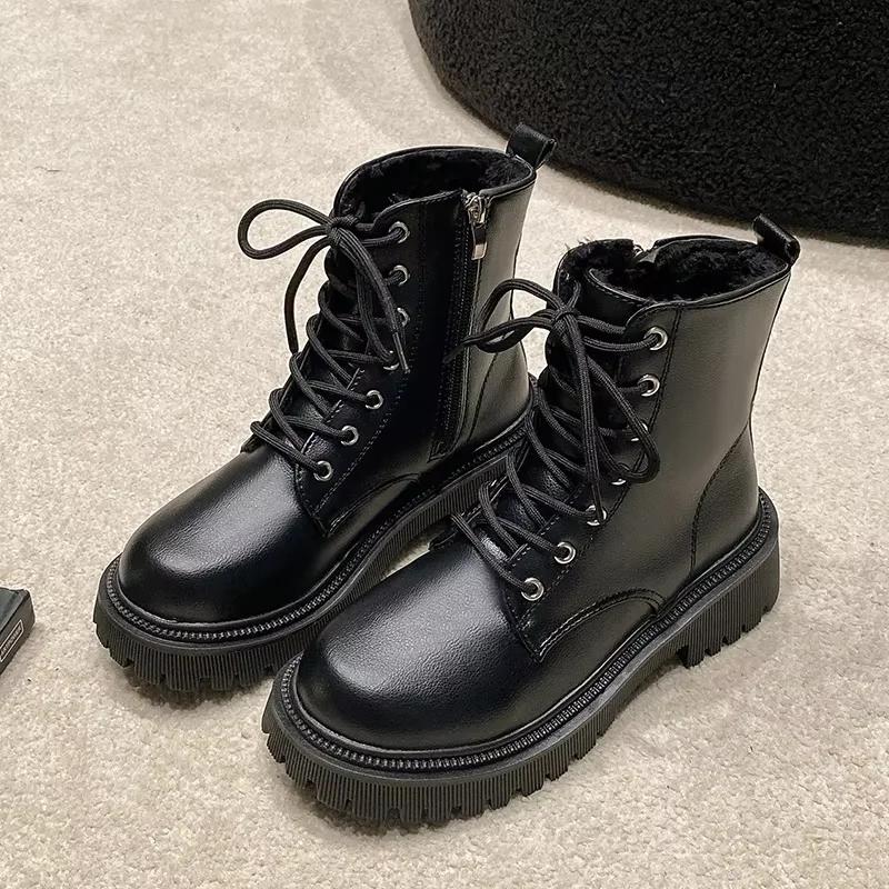 Women's Boots 2026 Autumn/Winter New British Style Plush Fashion Thick Bottom Motorcycle Boots Lace Comfort Zipper Snow Boots