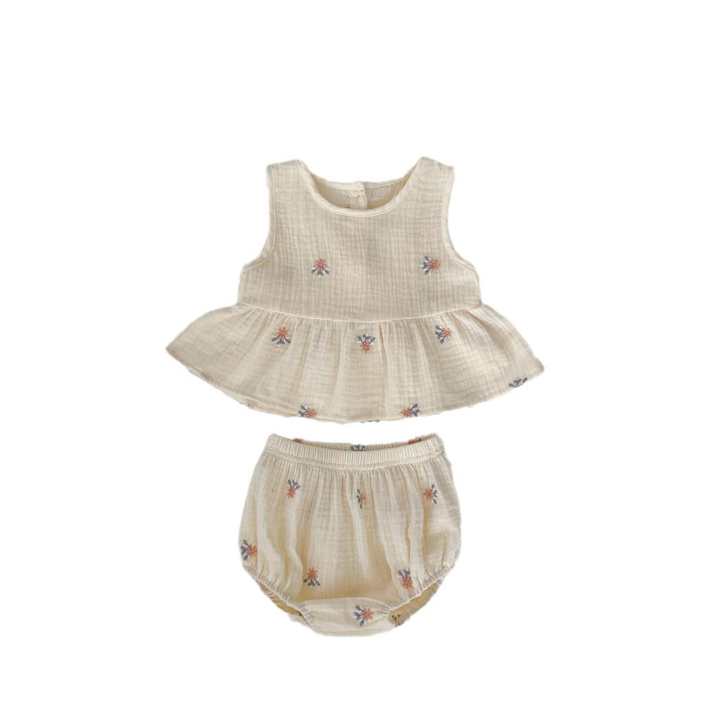 Baby Girl Summer Sleeveless Embroidered Plaid Top and Loose Shorts Set