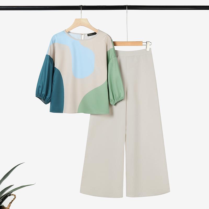 

ZANZEA Женский повседневный костюм-двойка: блузка с рукавом 3/4 и принтом и брюки S хаки