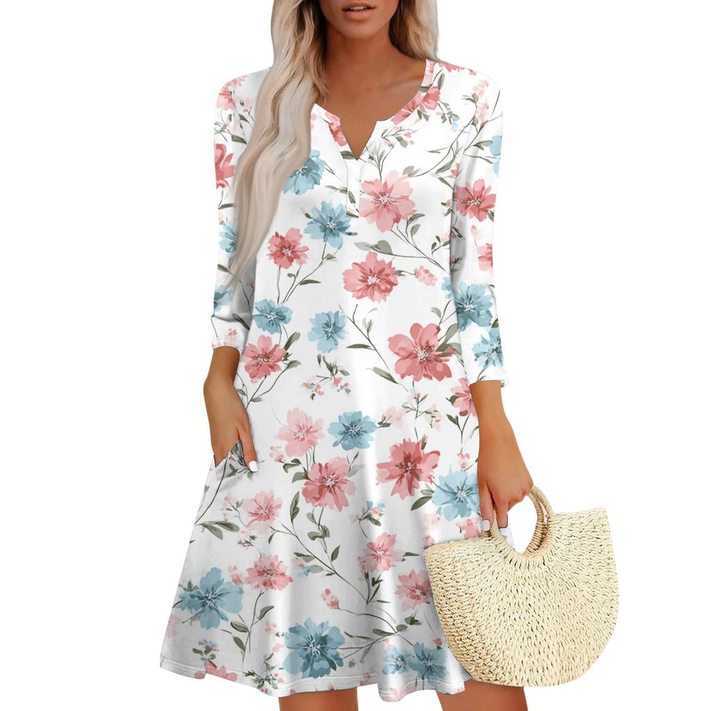 Women's Fashionable V-Neck Button Seven Part Cuff Pocket Floral Dress