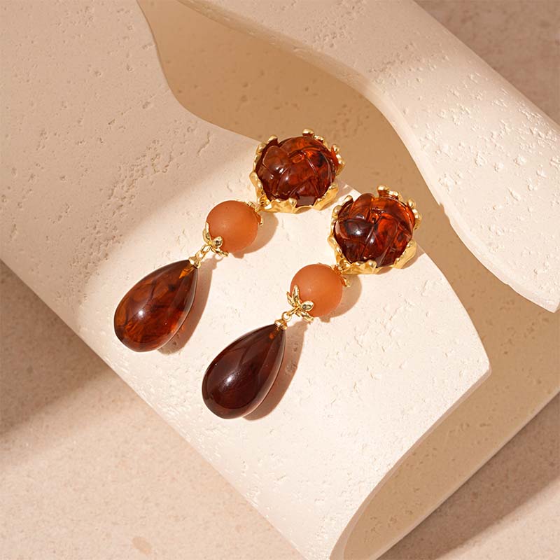 Vintage Brown Acrylic Water Drop Earrings For Women Girls Fashion Metal Round Geometric Dangle Earrings Wedding Jewlery Gifts
