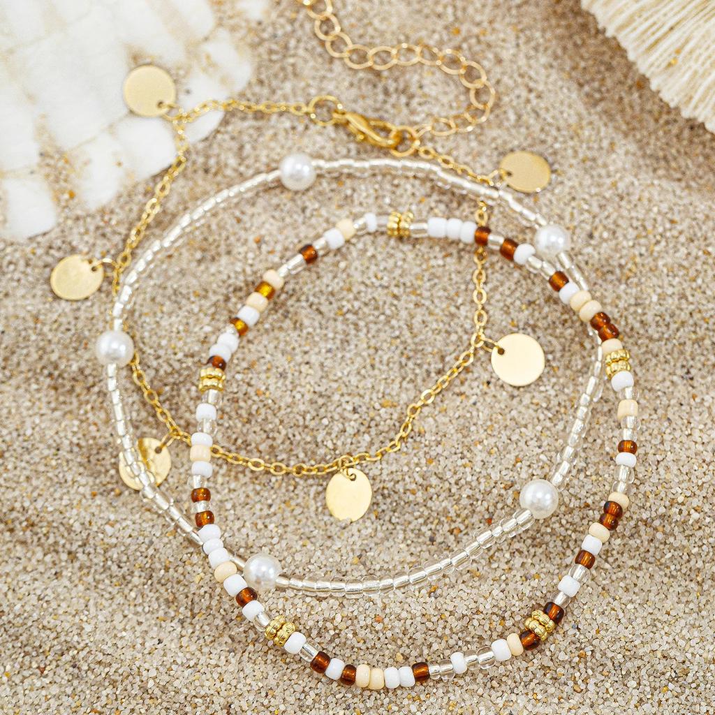 New 3Pcs/Set Kpop Boho Sequin Pendant Anklet Braclet Leg Chain Elastic Beads Link Barefoot Women Summer Jewelry Accessories