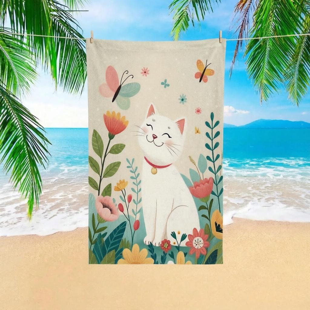 1 Pc Cute Cat Beach Towel,  Lightweight Durable, Ideal for Swimming Camping Bathing, Beach Pool Travel Daily Essential