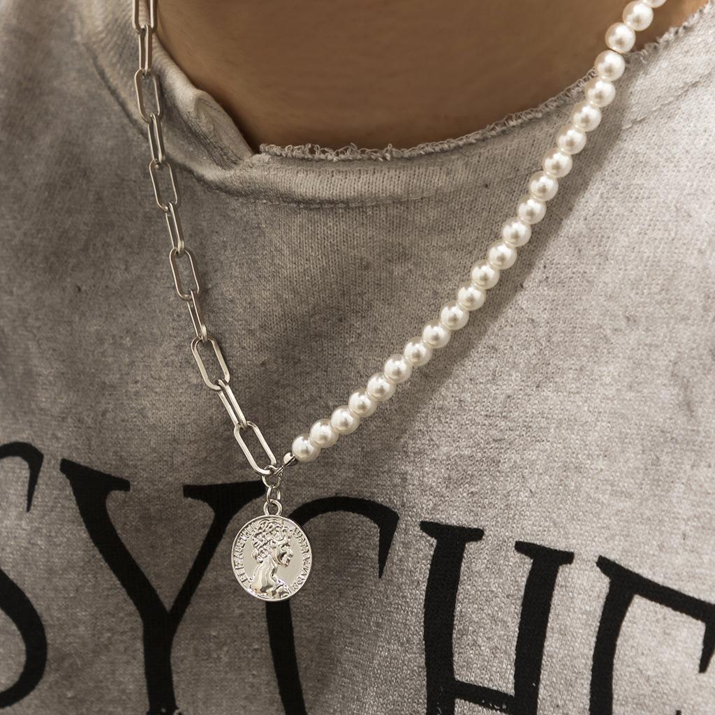 New Trendy Versatile Patchwork Pearl Necklace Fashion Men's Personalized Trendy Queen Avatar Necklace
