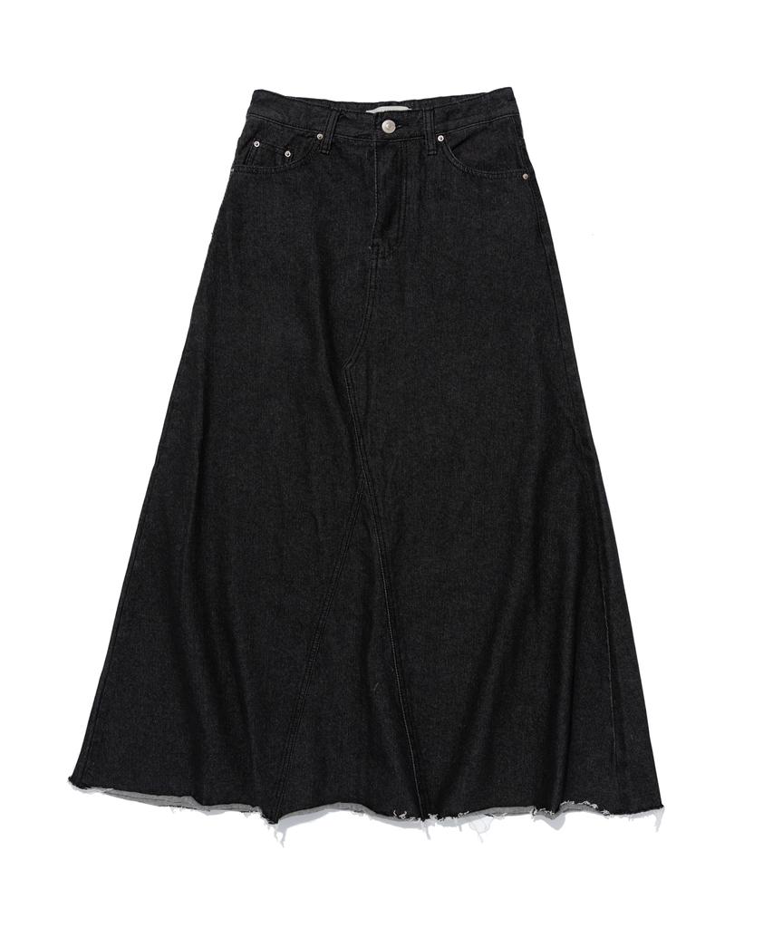 Road Road Maxi Denim Cutoff A-Line Long Skirt (Black Denim)