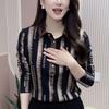 Commute Stylish Bronzing Striped Shirt Letter Spring Autumn Casual Turn-down Collar Button Women's Clothing Chic Diamonds Blouse