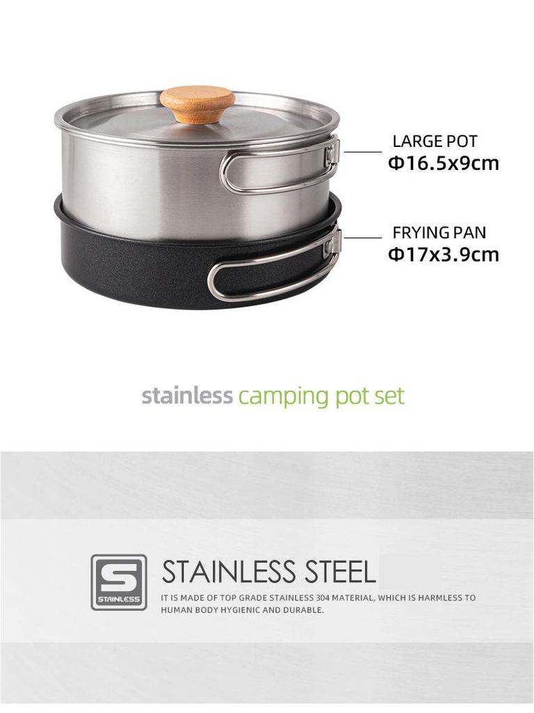 CLS Outdoor 4-teiliges Camping-Kochgeschirrset aus Edelstahl mit Antihaft-Bratpfanne und Suppentopf.