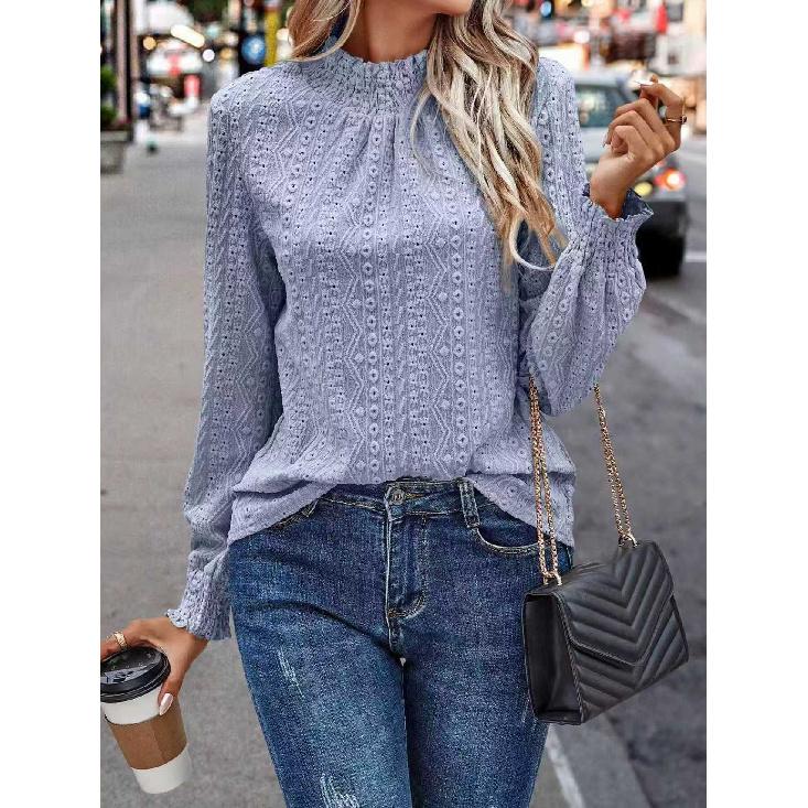 2026 New Women's Solid Color Fashion Versatile Hollow Out Stand Collar Puff Sleeve T-Shirt Casual Top