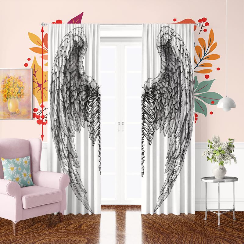 Wings Black and White Sketch -2pcs- Printed Curtain,100% Polyester Material, Suitable for Home Decoration