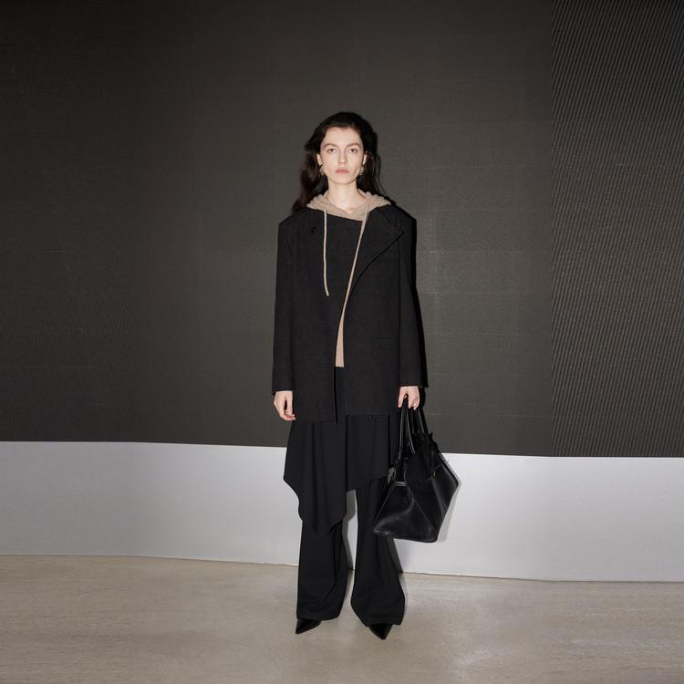 ELLE French Minimalist Vintage Wool Coat Deconstructed Irregular Woolen Overcoat Women coats Black L7WNS162