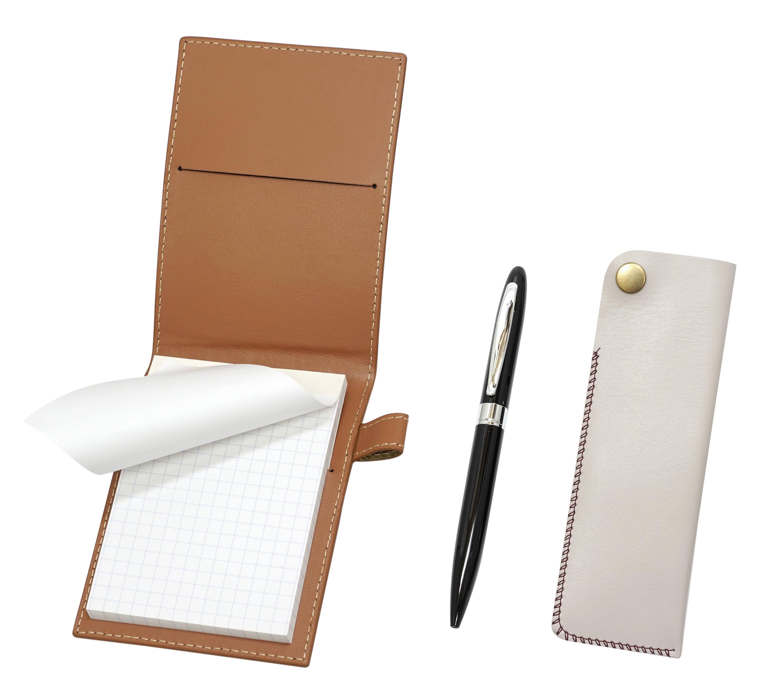 

Recycled cowhide mini notebook cover in with a white pen case and a black Lasting Piece metal rotating ballpoint pen set mocha, snap-closure чёрный