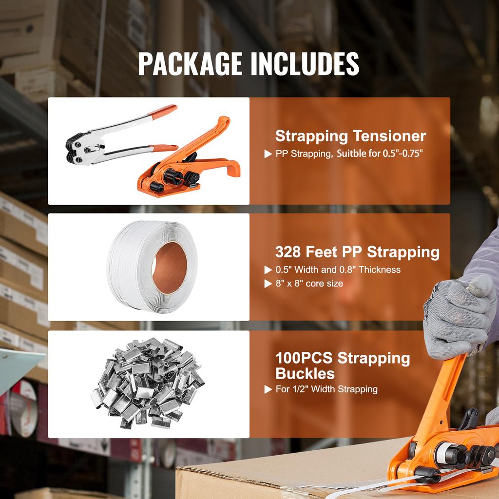 SucceBuy Palettenverpackungs-Umreifungsset mit Spanner, Umreifungsverschlussgerät, 328ft PP-Band, 100 Metallplomben für Verpackungsgurt