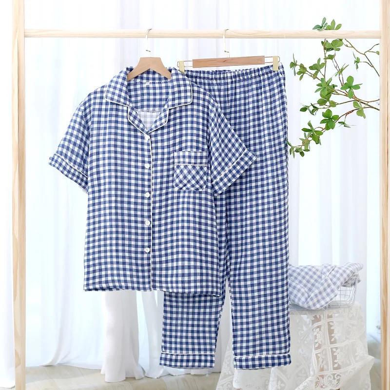 Cotton Plaid Design Men's Trouser Pajamas Homewear Suit for Autumn Thin Short-Sleeved Trousers Plaid Homewear Pyjamas Men