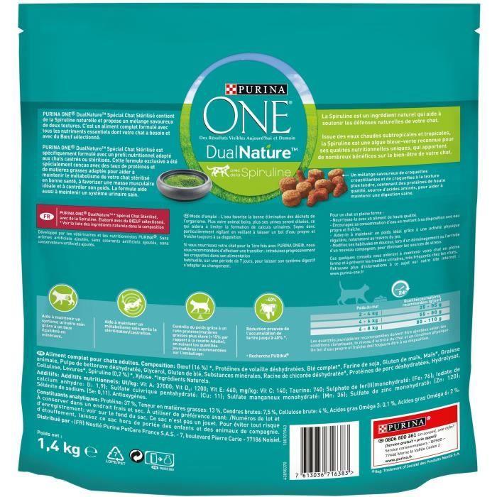 PURINA ONE Croquettes au bœuf avec de la Spiruline DualNature - Pour chat adulte stérilisé - 1,4 kg