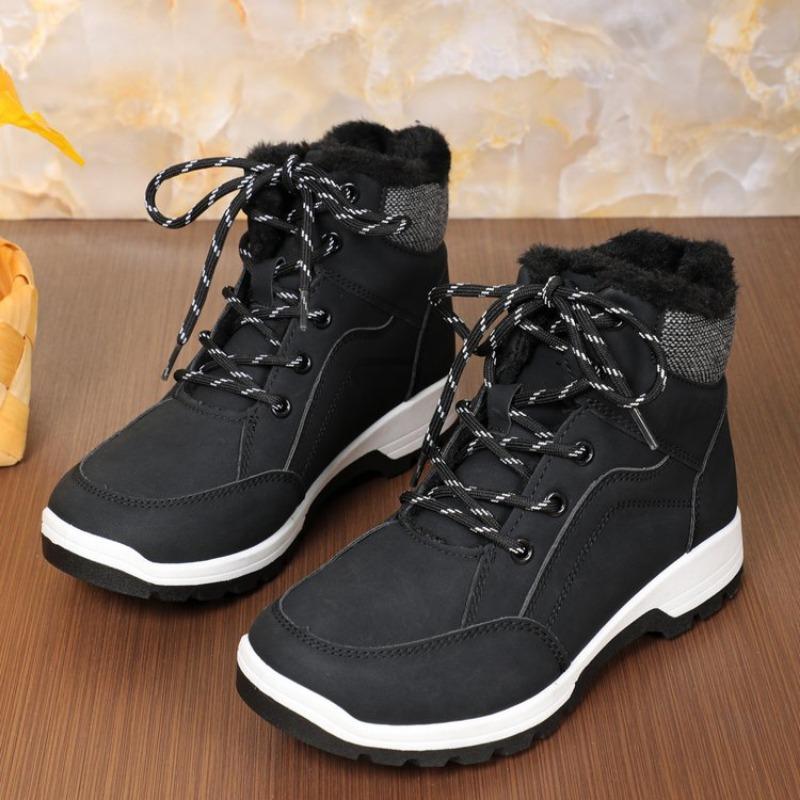Winter New Cotton Boots Women's Fashion Round Head Front Lace-up Splicing and Fleece Thickened Comfortable Flat Ankle Boots