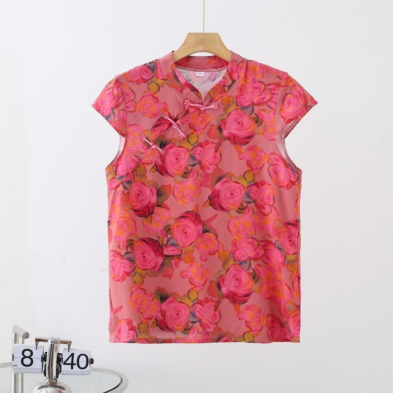 

Женский модный жилет средней длины с цветочным принтом в китайском стиле, жилет, новая китайская косая лацкан, рубашка-ципао, летние новые топы 5XL красный