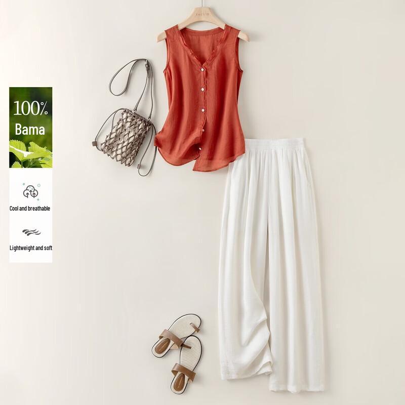 IHIMI Women s 100% Linen Sleeveless Top & Wide-Leg Pants Set M