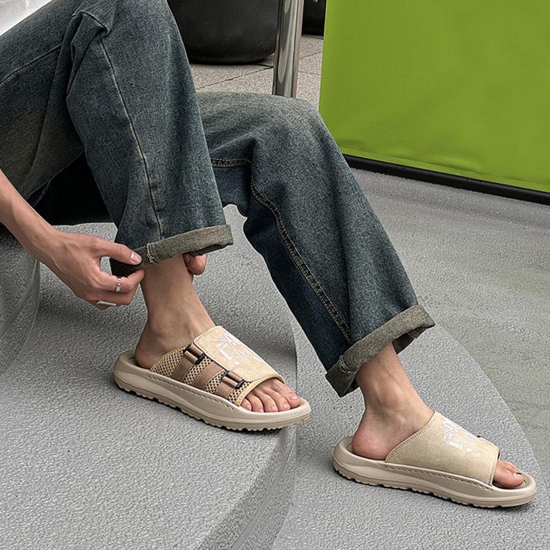 Fashion Summer Holiday Shoes Mens Sandals Flat Non-slip Male Footwear Fashion Brand Black Beige Shoes Thick Sole D410
