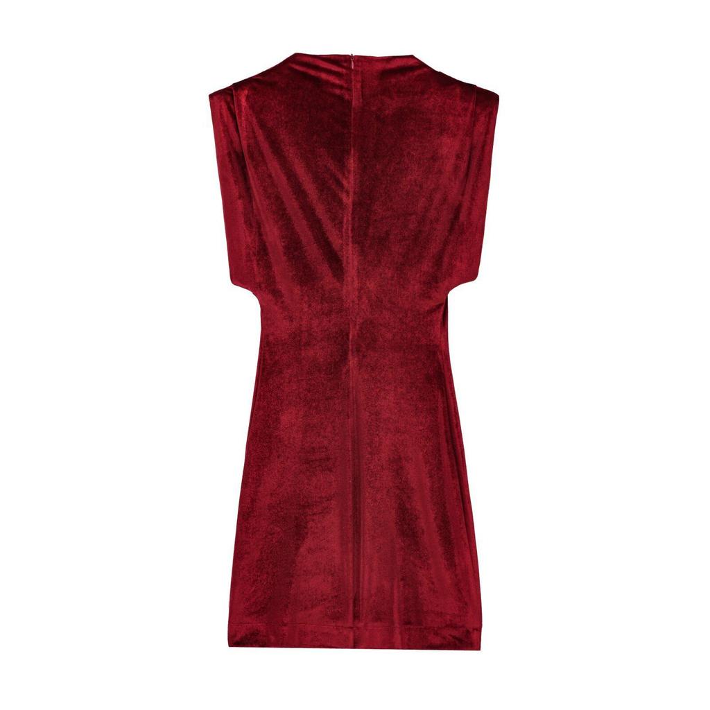 Zlaté sametové minišaty bez rukávů s ramenními vycpávkami, sexy úzký střih, design s vysokým pasem.