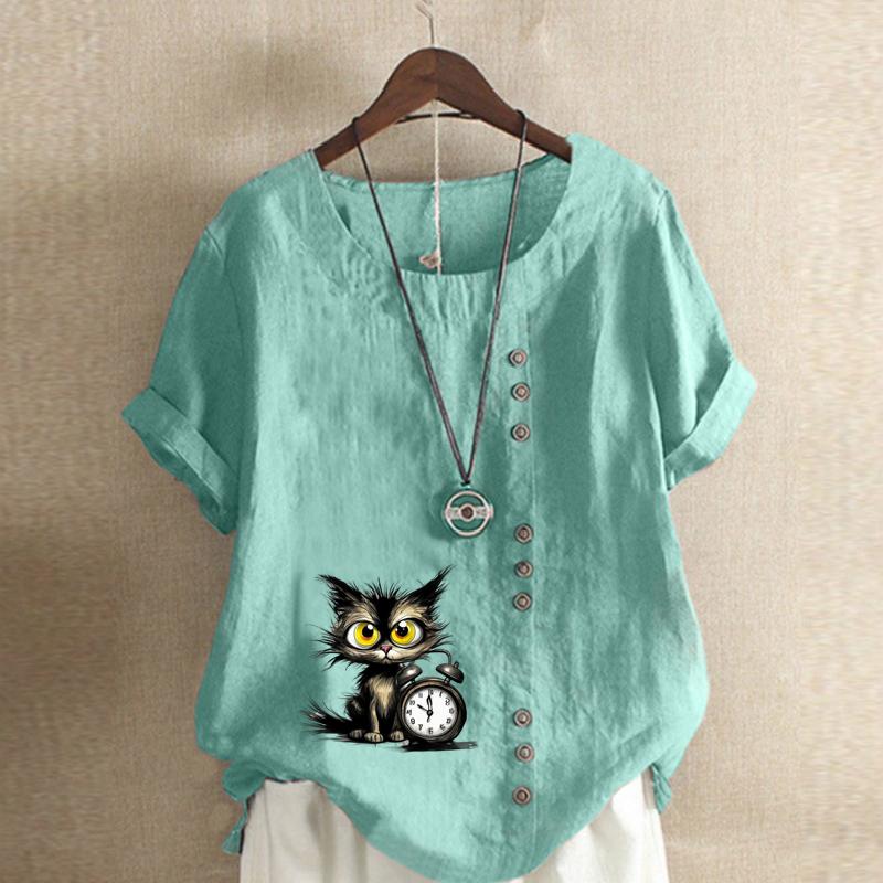 Women's Fashion Alarm Clock Black Cat Prined Short Sleeve T-shirt Loose Cotton Shirt Casual Loose Summer Blouse Tops Plus Size