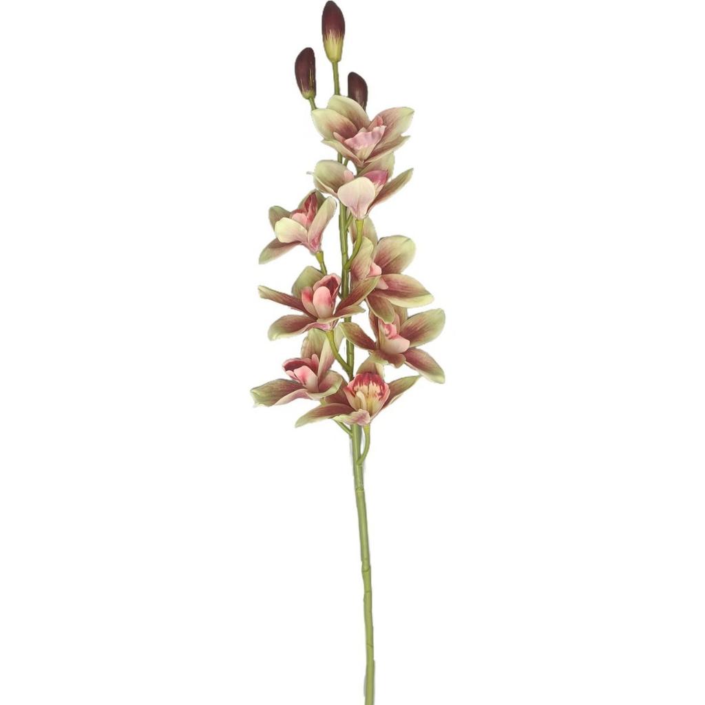 Gelber Künstlicher Cymbidium-Orchideenstiel, Kunstorchidee mit Blüten & Knospen, Kunstblume für Heimvasendekor