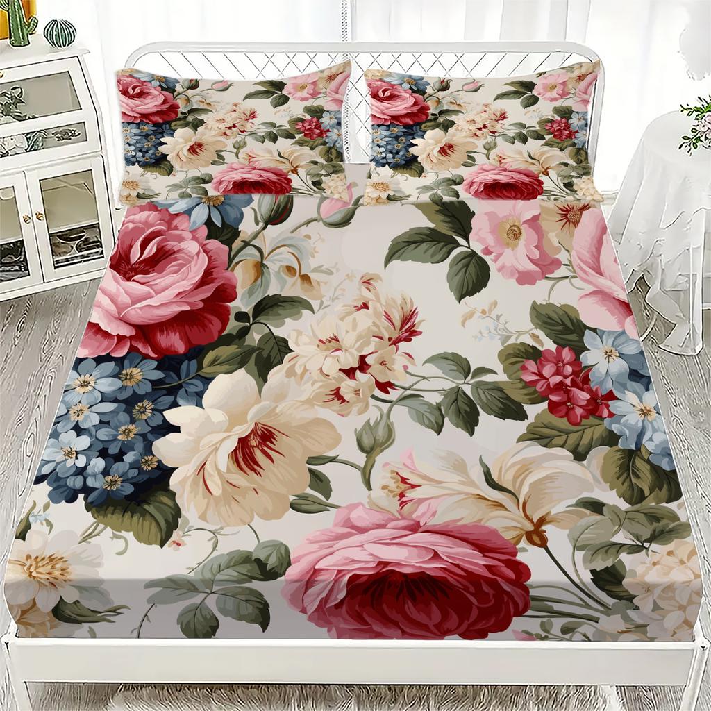 3D Flora Printed Bed Sheet Set Printed Fitted Sheets With 1/2 Pillowcases Custom Suitable for Both Boys and Girls Decor