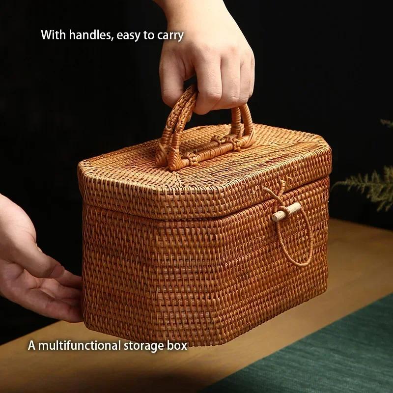 Handwoven Rattan Storage Box with Handle Wicker Ornament Box Tea Food Container Picnic Bread Fruit Cake Basket Kitchen Organizer