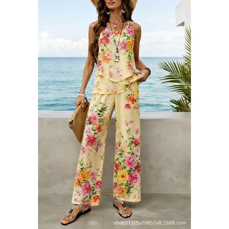 European and American 1D digital printing bohemian women's sleeveless suit is suitable for daily wear and vacation spot