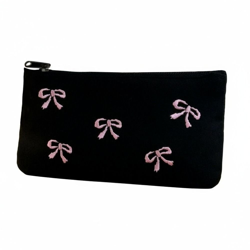 Trendy Canvas Cute Embroidered Bag Bowknot Square Shape Stationery Bag Lovely Print Cosmetics Bag