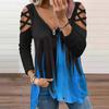 Fashion Women's Loose Zipper V-neck Lace  Long Sleeve Print Splicing Tops