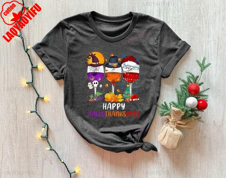 Happy Hallothanksmas Wine Fashion Shirt Cute Drinking Funny Festival Leisure Tee Unisex Classics Halloween Crewneck Tshirt