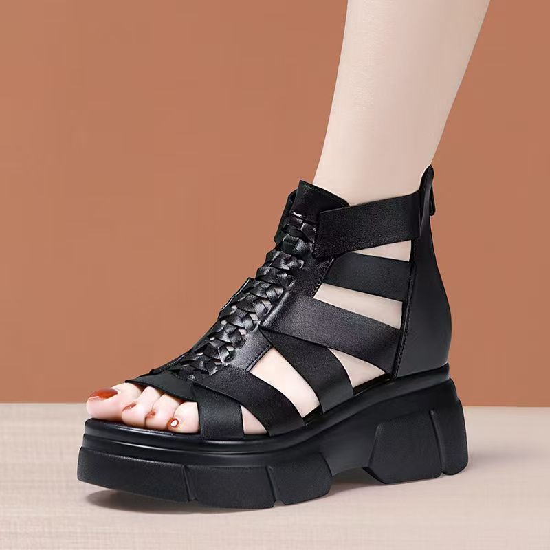 Women's Summer Leather Hollow Out Wedges Sandals Thick Sole Non Slip Breathable High Top Cover Heel Zippers Peep Toe Sandals