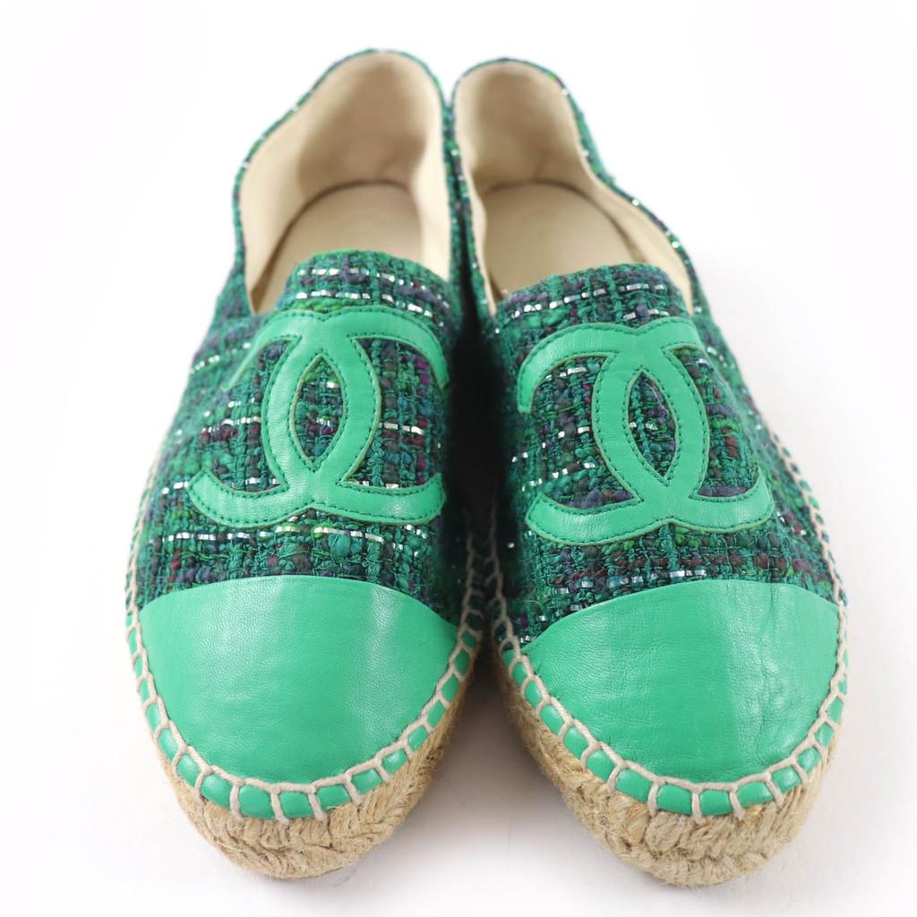 Excellent CHANEL Shoes COCO Mark Fabric Espadrilles Tweed Green Women 35 G29762 Used